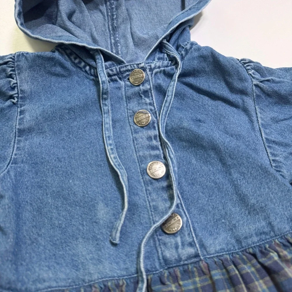Vintage 90s Sonoma Hooded Denim Dress Girls Kids 4 Blue Plaid Long Sleeve Grunge